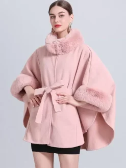 Women Poncho High Collar Light Gray Oversized Faux Fur Cape