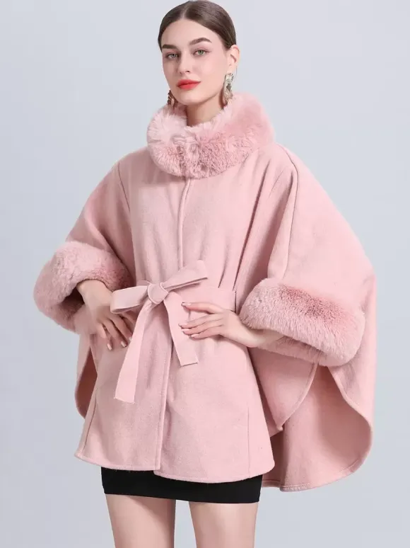 Women Poncho High Collar Light Gray Oversized Faux Fur Cape