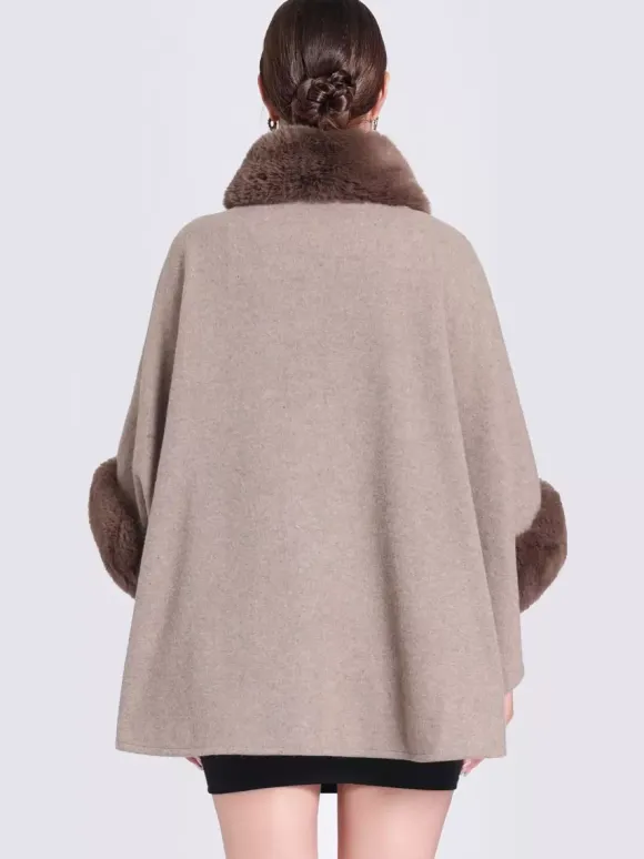 Women Poncho High Collar Light Gray Oversized Faux Fur Cape