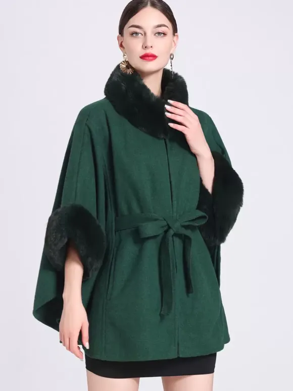 Women Poncho High Collar Light Gray Oversized Faux Fur Cape