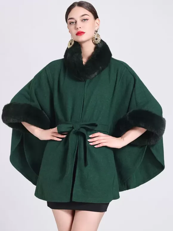 Women Poncho High Collar Light Gray Oversized Faux Fur Cape
