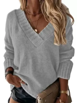 Women Pullover Sweater Apricot V-Neck Long Sleeves Acrylic Sweaters