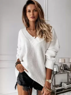 Women Pullover Sweater Apricot V-Neck Long Sleeves Acrylic Sweaters