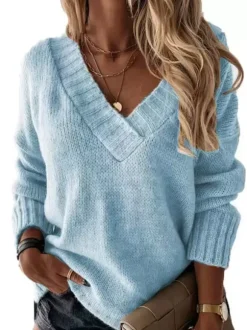 Women Pullover Sweater Apricot V-Neck Long Sleeves Acrylic Sweaters