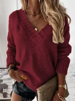 Women Pullover Sweater Apricot V-Neck Long Sleeves Acrylic Sweaters