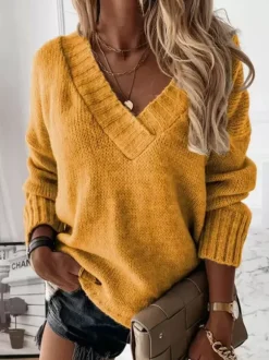 Women Pullover Sweater Apricot V-Neck Long Sleeves Acrylic Sweaters