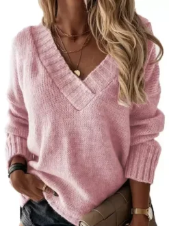 Women Pullover Sweater Apricot V-Neck Long Sleeves Acrylic Sweaters