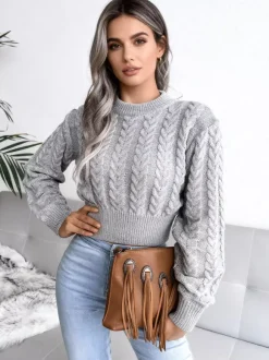 Women Pullover Sweater Baby Blue Jewel Neck Long Sleeves Cotton Sweaters