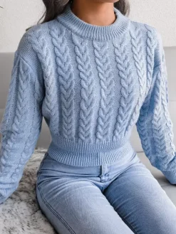 Women Pullover Sweater Baby Blue Jewel Neck Long Sleeves Cotton Sweaters