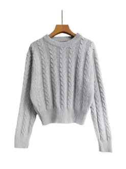 Women Pullover Sweater Baby Blue Jewel Neck Long Sleeves Cotton Sweaters