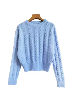 Women Pullover Sweater Baby Blue Jewel Neck Long Sleeves Cotton Sweaters