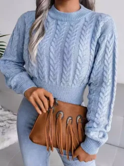Women Pullover Sweater Baby Blue Jewel Neck Long Sleeves Cotton Sweaters
