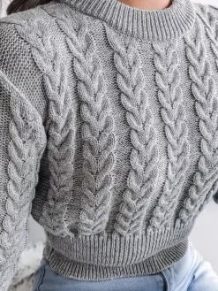 Women Pullover Sweater Baby Blue Jewel Neck Long Sleeves Cotton Sweaters