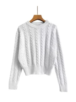 Women Pullover Sweater Baby Blue Jewel Neck Long Sleeves Cotton Sweaters
