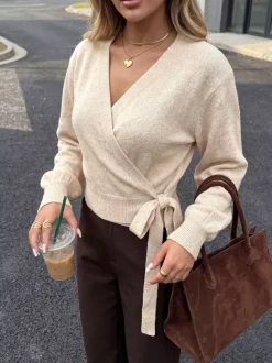 Women Pullover Sweater Light Apricot Lace Up V-Neck Lantern Long Sleeves Sweaters