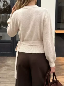 Women Pullover Sweater Light Apricot Lace Up V-Neck Lantern Long Sleeves Sweaters