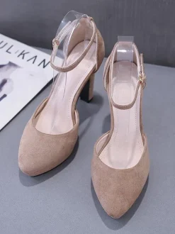 Women Pumps Ankle Strap Almond Toe Chunky Heel Chic Black Ankle Strap Heels