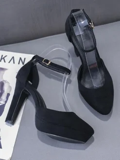 Women Pumps Ankle Strap Almond Toe Chunky Heel Chic Black Ankle Strap Heels