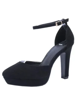 Women Pumps Ankle Strap Almond Toe Chunky Heel Chic Black Ankle Strap Heels