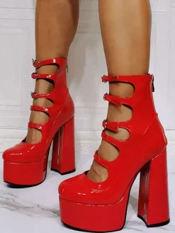 Women Red Ankle Boots Platform Chunky Heel Cut Out Buckle Detail Sandal Booties
