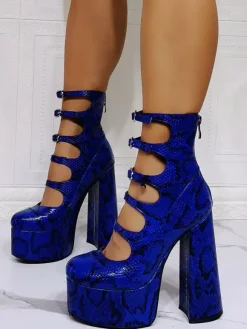 Women Red Ankle Boots Platform Chunky Heel Cut Out Buckle Detail Sandal Booties