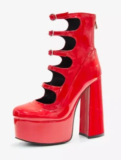 Women Red Ankle Boots Platform Chunky Heel Cut Out Buckle Detail Sandal Booties