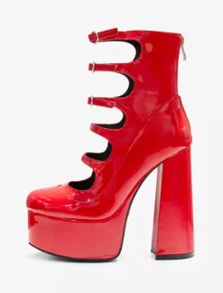 Women Red Ankle Boots Platform Chunky Heel Cut Out Buckle Detail Sandal Booties
