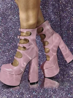 Women Red Ankle Boots Platform Chunky Heel Cut Out Buckle Detail Sandal Booties