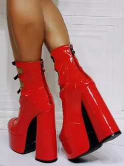 Women Red Ankle Boots Platform Chunky Heel Cut Out Buckle Detail Sandal Booties