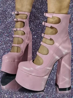 Women Red Ankle Boots Platform Chunky Heel Cut Out Buckle Detail Sandal Booties
