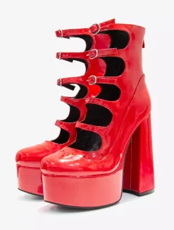 Women Red Ankle Boots Platform Chunky Heel Cut Out Buckle Detail Sandal Booties