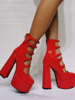 Women Red Ankle Boots Platform Chunky Heel Cut Out Buckle Detail Sandal Booties