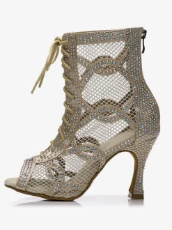 Women Rhinestones Nets Lace Up Dance Booties