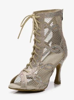 Women Rhinestones Nets Lace Up Dance Booties