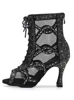 Women Rhinestones Nets Lace Up Dance Booties