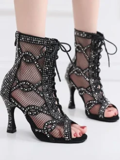 Women Rhinestones Nets Lace Up Dance Booties