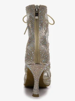 Women Rhinestones Nets Lace Up Dance Booties