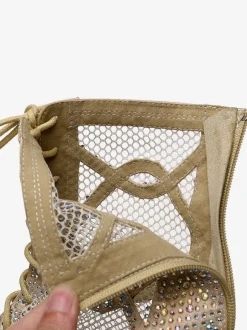 Women Rhinestones Nets Lace Up Dance Booties