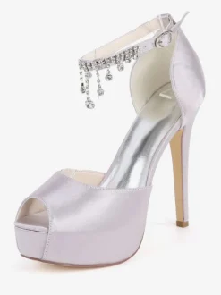 Women's Ankle Strap Platform Bridal Pumps Peep Toe Stiletto Heels in Satin