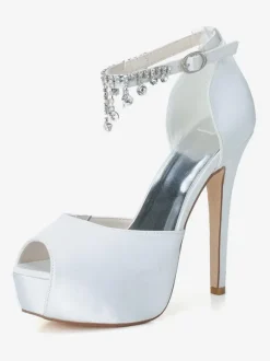 Women's Ankle Strap Platform Bridal Pumps Peep Toe Stiletto Heels in Satin