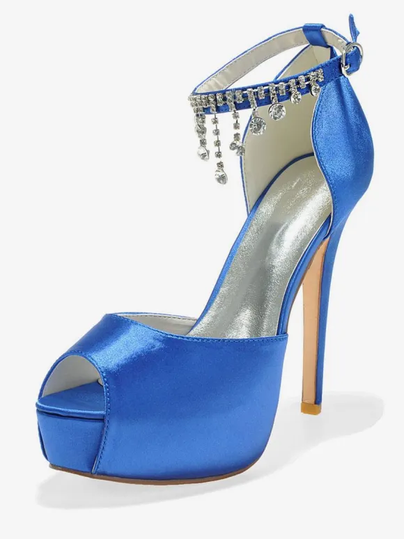 Women's Ankle Strap Platform Bridal Pumps Peep Toe Stiletto Heels in Satin