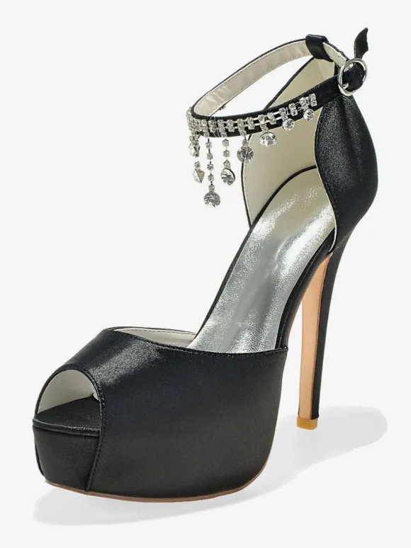 Women's Ankle Strap Platform Bridal Pumps Peep Toe Stiletto Heels in Satin