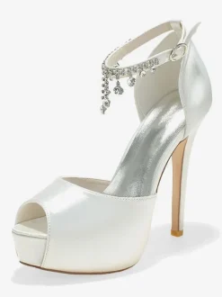 Women's Ankle Strap Platform Bridal Pumps Peep Toe Stiletto Heels in Satin