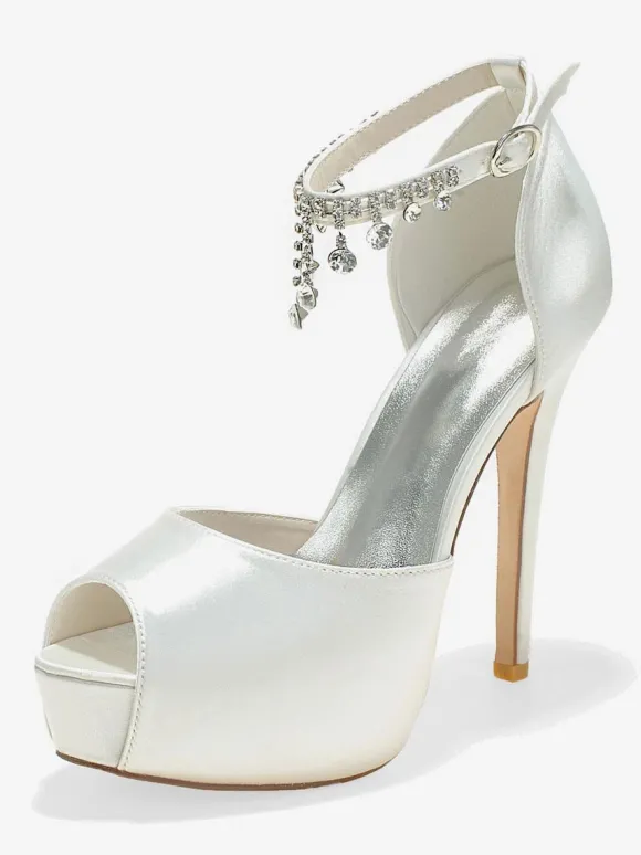 Women's Ankle Strap Platform Bridal Pumps Peep Toe Stiletto Heels in Satin