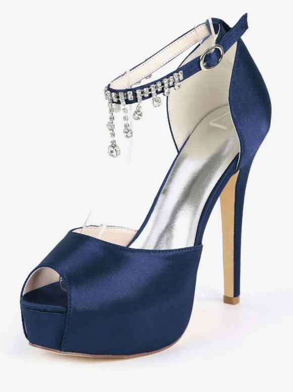 Women's Ankle Strap Platform Bridal Pumps Peep Toe Stiletto Heels in Satin
