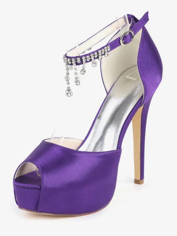Women's Ankle Strap Platform Bridal Pumps Peep Toe Stiletto Heels in Satin
