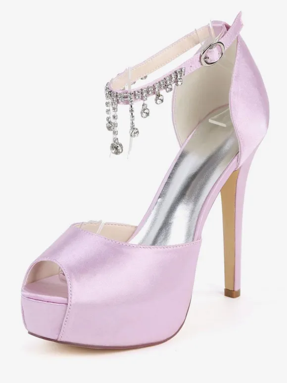 Women's Ankle Strap Platform Bridal Pumps Peep Toe Stiletto Heels in Satin