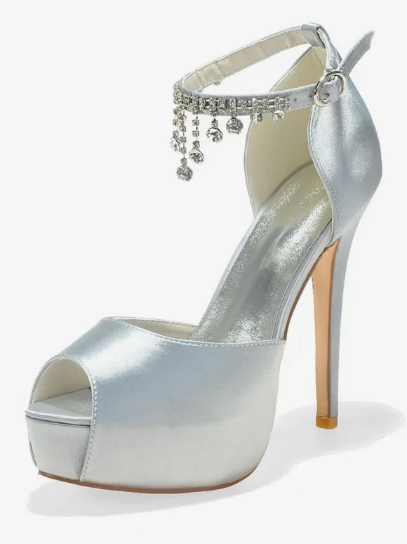 Women's Ankle Strap Platform Bridal Pumps Peep Toe Stiletto Heels in Satin