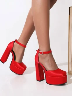 Women's Ankle Strap Platform Heels in Satin