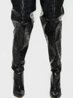 Women's Baggy Thigh High Boots Wide Stone Grain Chunky Heel Oversized Over The Knee Boots